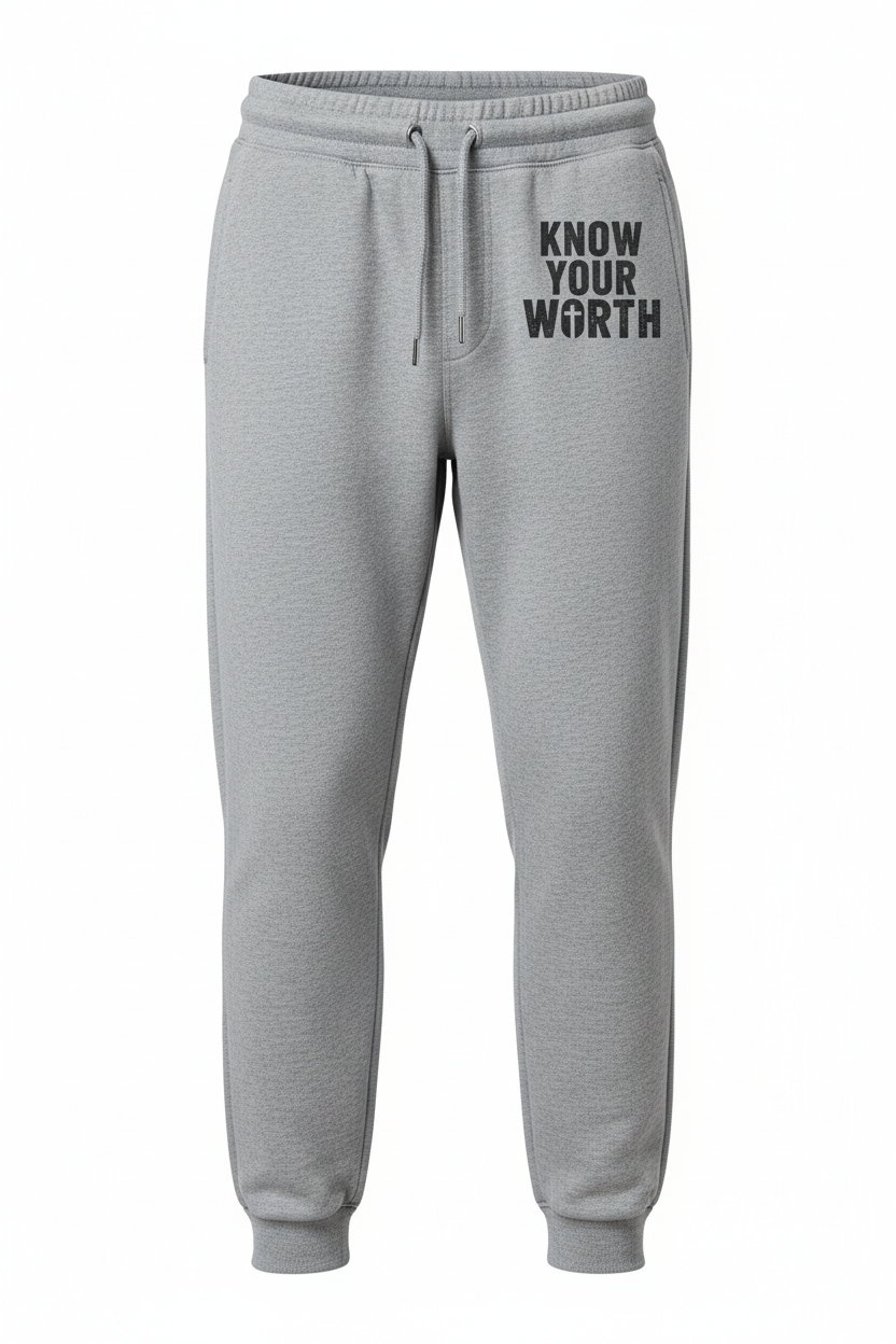 Know Your Worth Pants - KNOW YOUR WORTH bold at top of left pocket