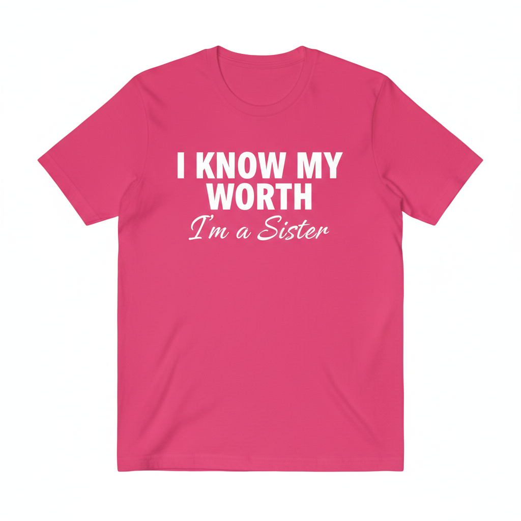 Bright pink I KNOW MY WORTH I'm a Sister T-Shirt